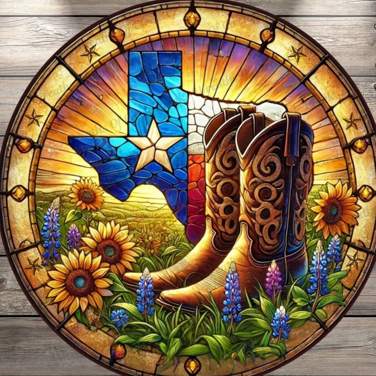 Texas Cowboy Boots | Lightweight Round Metal Wreath Sign | Lone Star Sunflowers & Bluebonnets | Faux Stained Glass Effect | No Holes In Sign