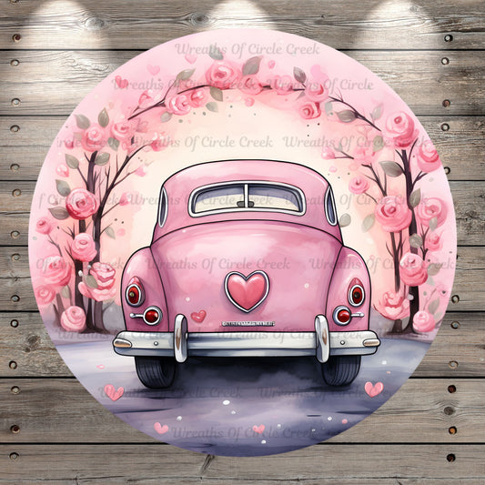 Love Bug, Pink, Valentine, Wreath Sign, No Holes, Round UV Coated, Metal