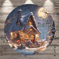 Christmas Stone House, Merry Christmas, Cozy Winter Christmas Scene, Full Moon, Round, Light Weight, Metal Wreath Sign, No Holes