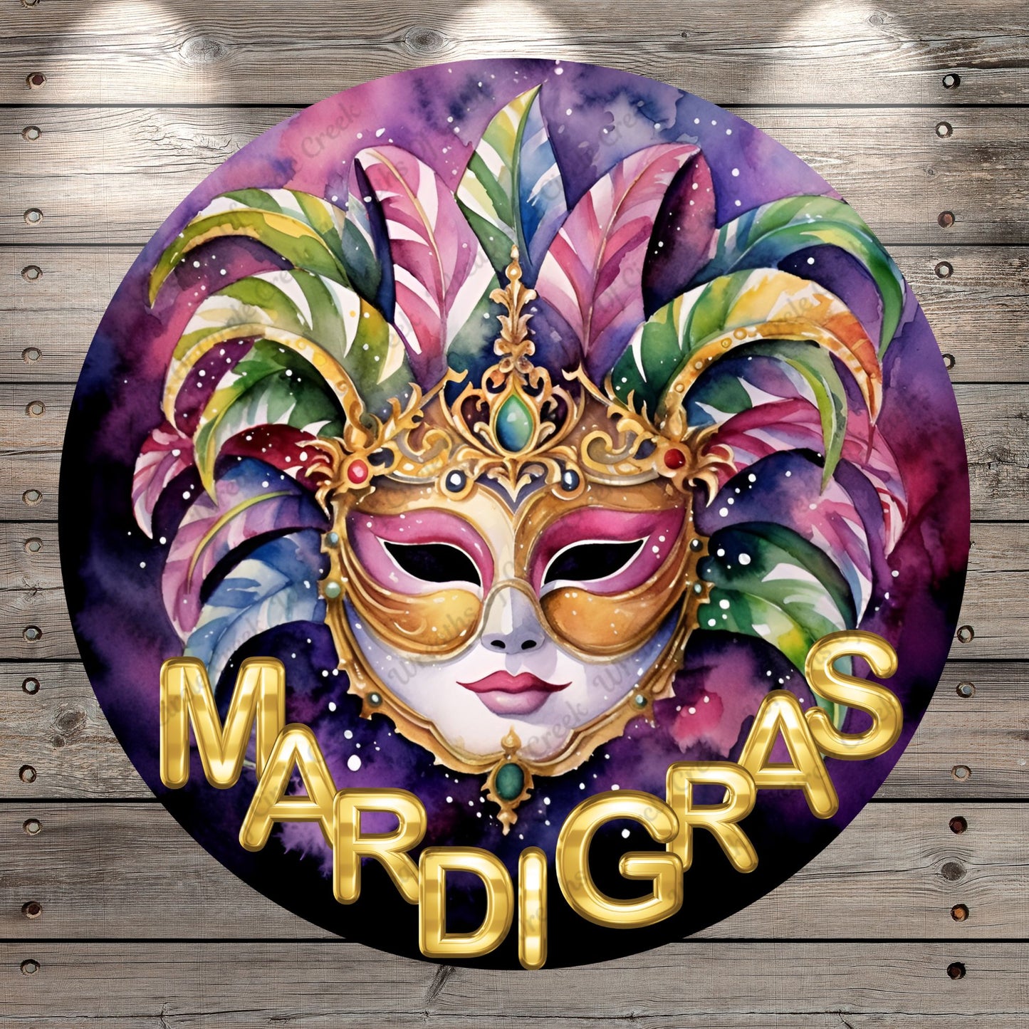 Mardi Gras, Whimsical, Mask, Watercolor, Purple, Gold, Green, Round, Light Weight, Metal Wreath Sign, No Holes In Sign