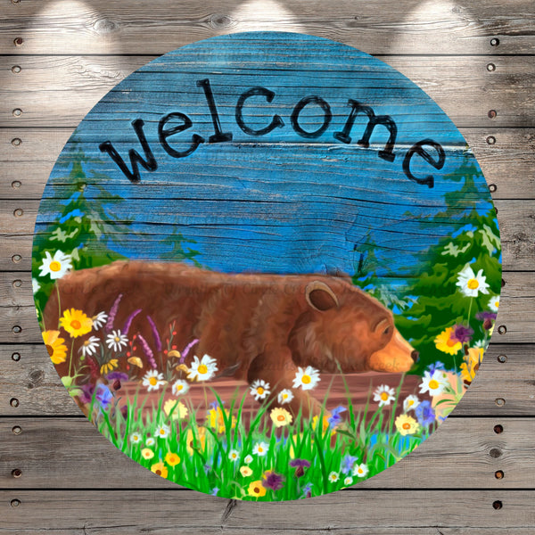 Welcome, Spring Bear, Florals, Round Light Weight, Metal Wreath Sign, No Holes