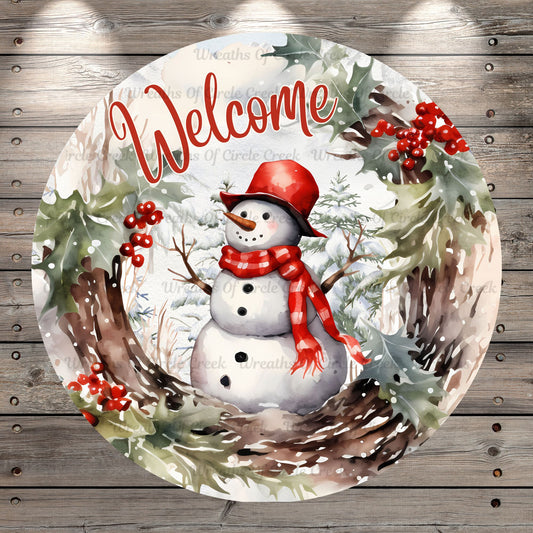Traditional, Snowman, Welcome, Christmas, Red Hat, Plaid Scarf, Berries, Round, Light Weight, Metal Wreath Sign, No Holes