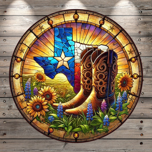Texas Cowboy Boots | Lightweight Round Metal Wreath Sign | Lone Star Sunflowers & Bluebonnets | Faux Stained Glass Effect | No Holes In Sign