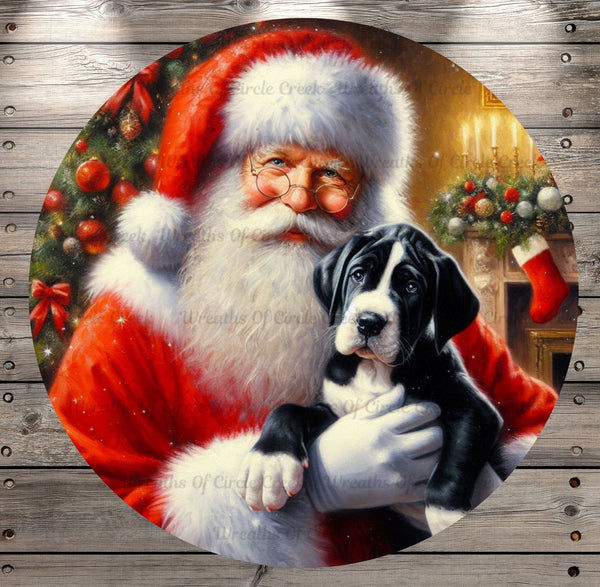 Santa and Great Dane Puppy, Mantle, Black and White Puppy, Round, Light Weight, Metal Wreath Sign, No Holes , UV Coated