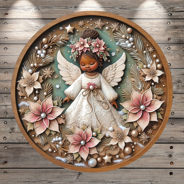 African American Angel, Poinsettias, Pink, White, Winter, Christmas, Round, Light Weight, Metal, Wreath Sign, No Holes In Sign