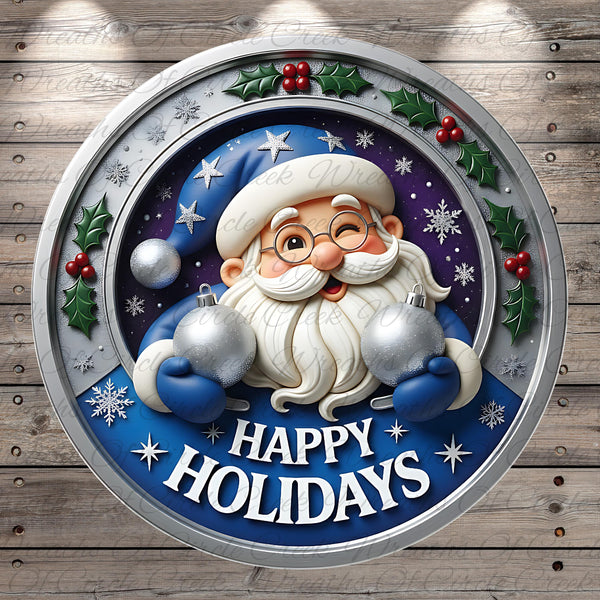 A circular holiday-themed decoration featuring a smiling Santa Claus figure surrounded by snowflakes, holly leaves, and Christmas ornaments. The text "HAPPY HOLIDAYS" is prominently displayed in the center of the decoration.