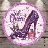 a large purple high-heeled shoe with a crown on it, surrounded by various accessories such as a bottle of perfume, sunglasses, and butterflies. The text "Birthday Queen" is prominently displayed, indicating the theme of the image.
