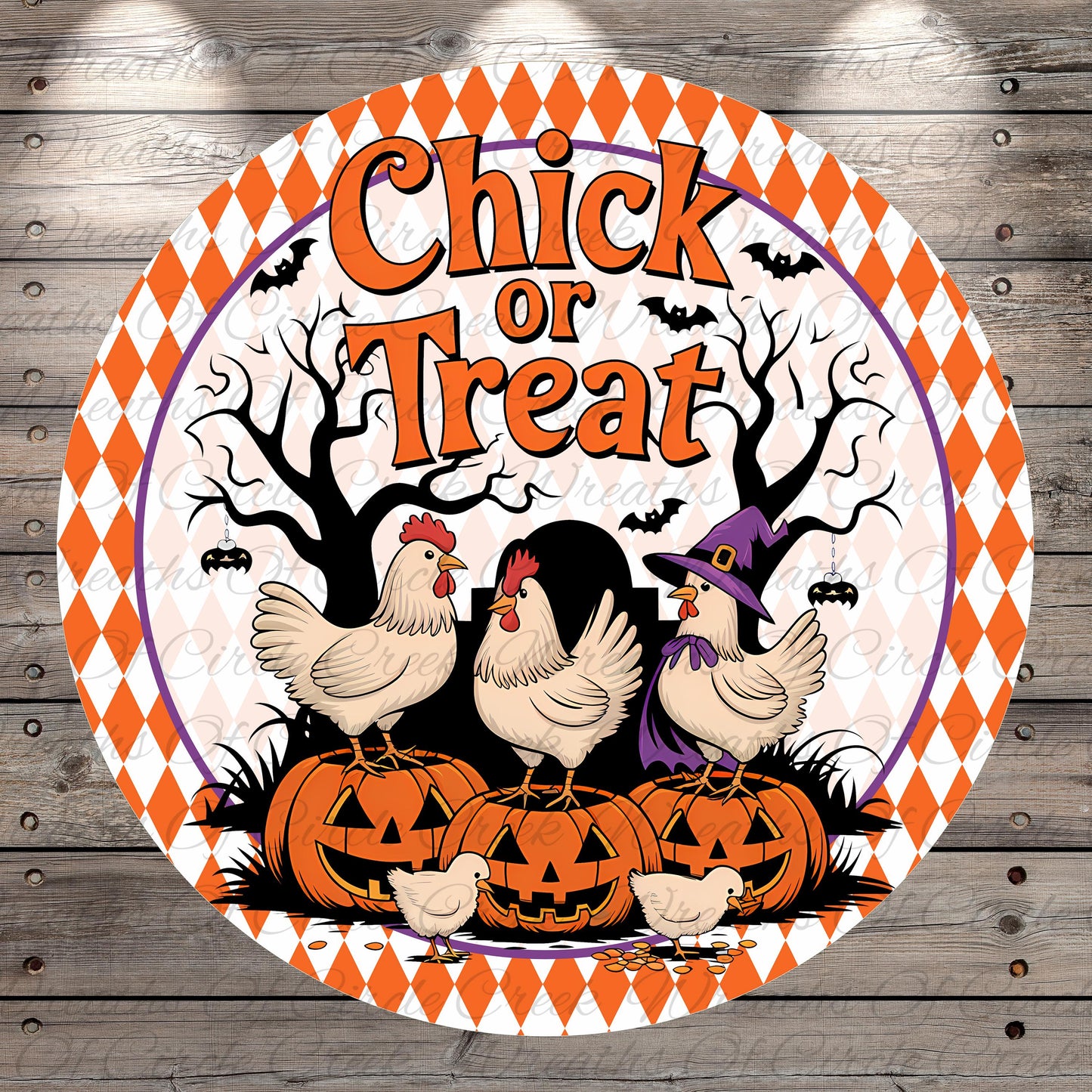 A round Halloween-themed sign with a cartoon illustration of chickens standing on jack-o-lanterns. The sign has a text that reads "Chick or Treat" and features bats, a witch's hat, and a pumpkin.