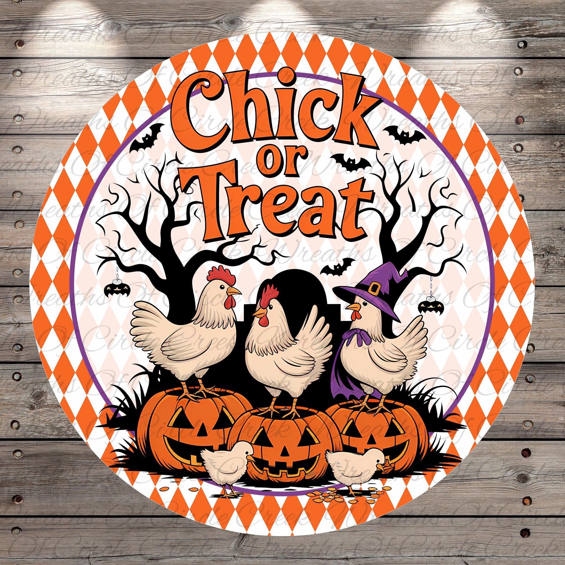 A round Halloween-themed sign with a cartoon illustration of chickens standing on jack-o-lanterns. The sign has a text that reads "Chick or Treat" and features bats, a witch's hat, and a pumpkin.