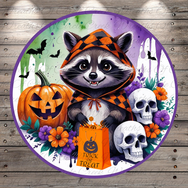 A raccoon wearing a Halloween costume, holding a trick-or-treat bag, surrounded by a jack-o-lantern, skulls, and flowers, with bats flying in the background.
