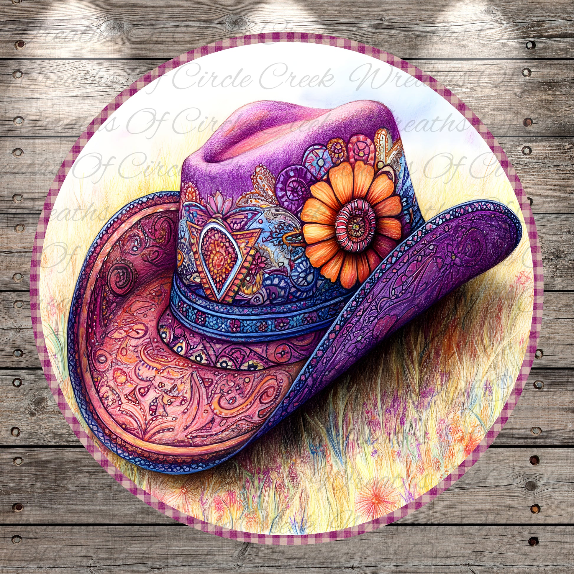 A colorful, intricately decorated cowboy hat with a large flower on the side, set against a wooden background with a repeating pattern of the word "Circles".