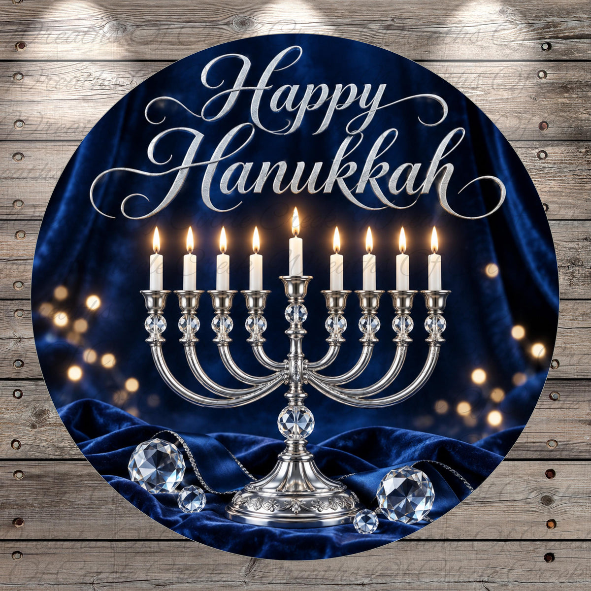A round blue banner with a silver candelabra and lit candles, surrounded by sparkling lights and crystals, with the text "Happy Hanukkah" displayed prominently.