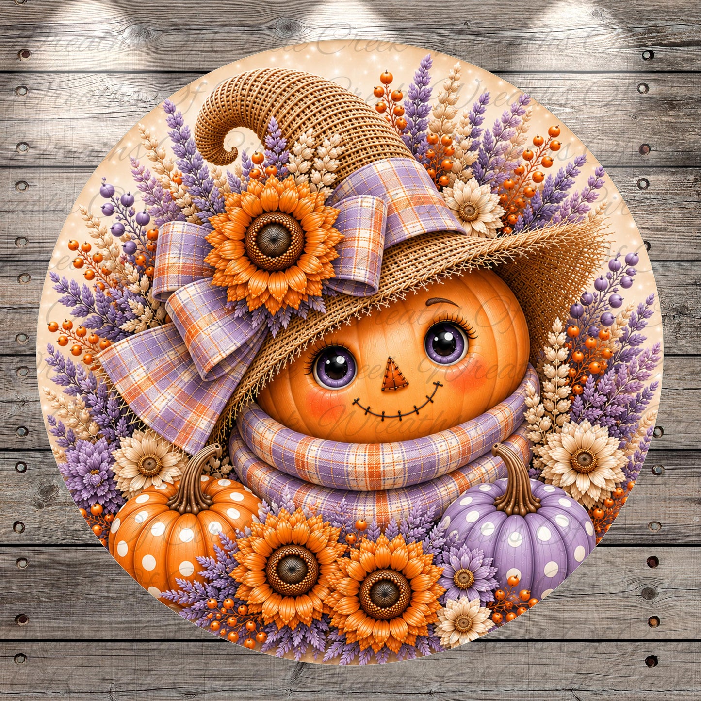 A round wreath featuring a pumpkin with a face, a plaid hat, and various fall-themed elements such as sunflowers, pumpkins, and berries.