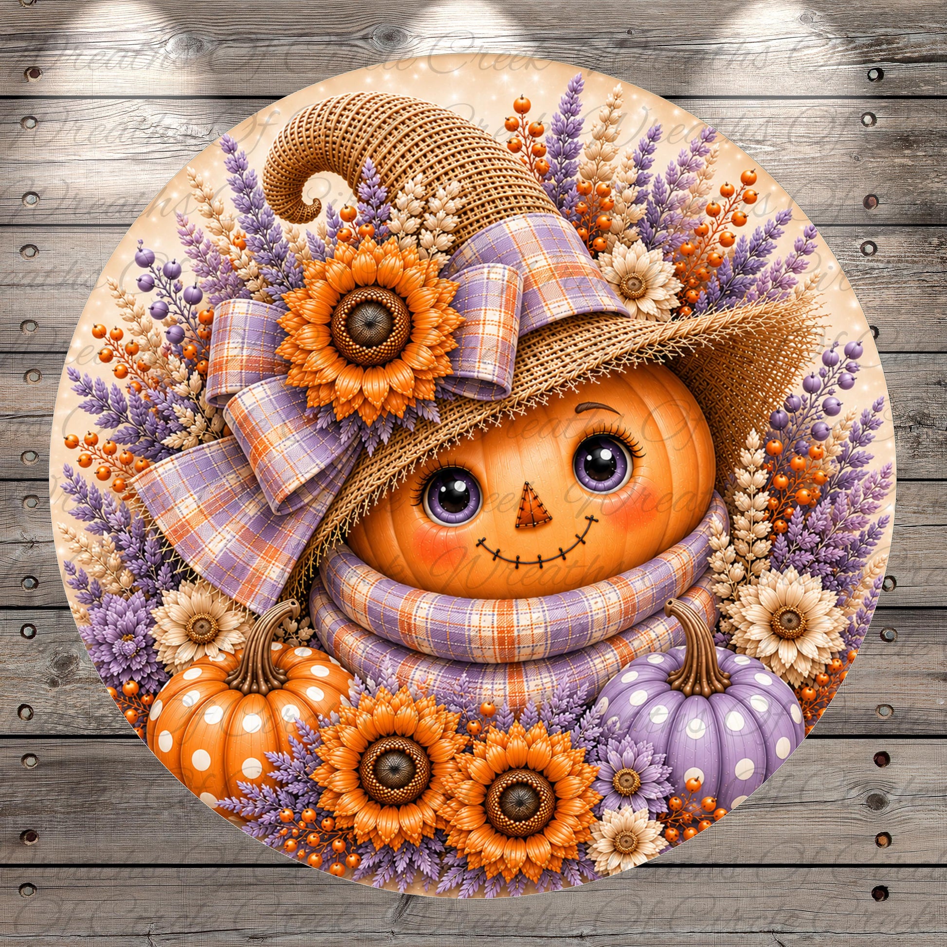 A round wreath featuring a pumpkin with a face, a plaid hat, and various fall-themed elements such as sunflowers, pumpkins, and berries.
