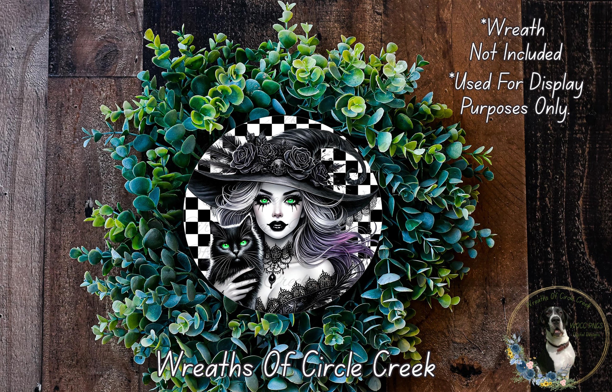 A wreath featuring a woman with a black cat, surrounded by green foliage. The wreath is described as a "Wreath of Circle Creek" and is not included in a display.
