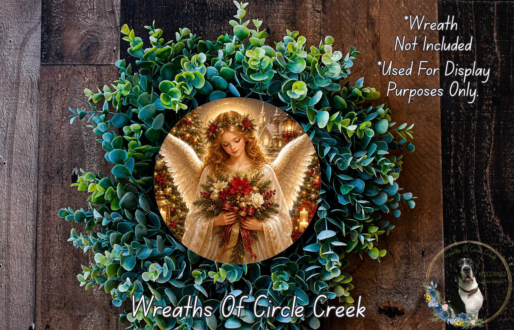 A wreath featuring a beautiful angel holding a bouquet of flowers, surrounded by a lush green plant.