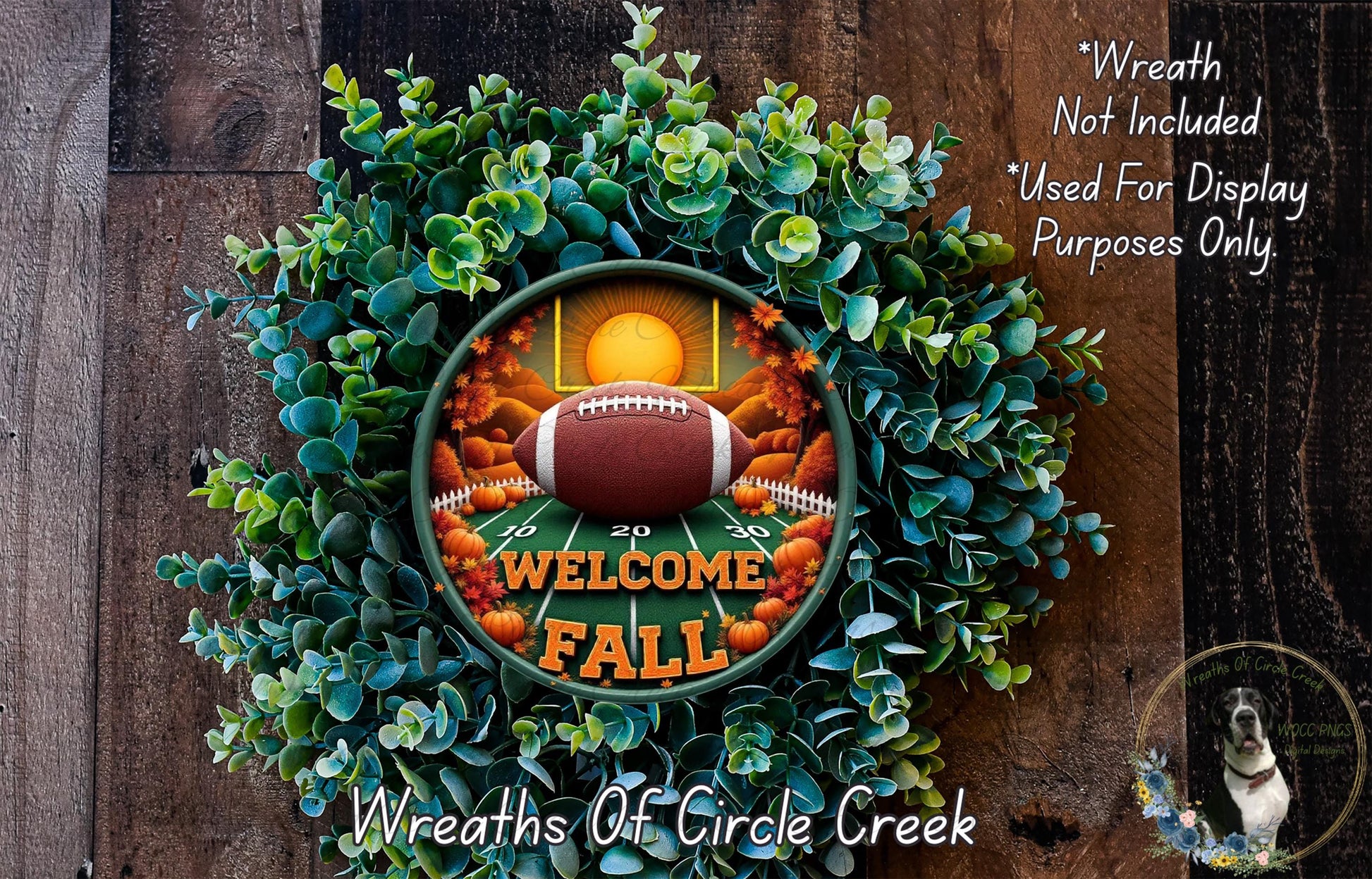 A wreath made of green leaves and a football, with the text "Welcome Fall" displayed on it.
