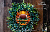 A wreath made of green leaves and a football, with the text "Welcome Fall" displayed on it.