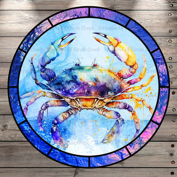 Ocean Crab, Stain Glass Print, Light Weight, Metal Wreath Sign, No Holes