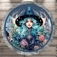 Mystical Witch, Florals, Silver Border, Round UV Coated, Metal Sign, No Holes