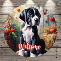 Mantle Great Dane Puppy, Black and White Puppy, Hearts, Valentines, Florals, Country, Whimsical, Round, Light Weight, Metal Wreath Sign, No Holes  UV Coated