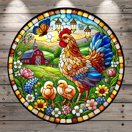Farm Chicken & Chicks | Lightweight Round Metal Wreath Sign | Spring Red Barn | Faux Stained Glass | No Holes In Sign