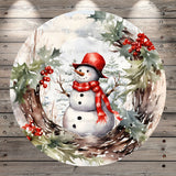 Traditional, Snowman, Welcome, Christmas, Red Hat, Plaid Scarf, Berries, Round, Light Weight, Metal Wreath Sign, No Holes