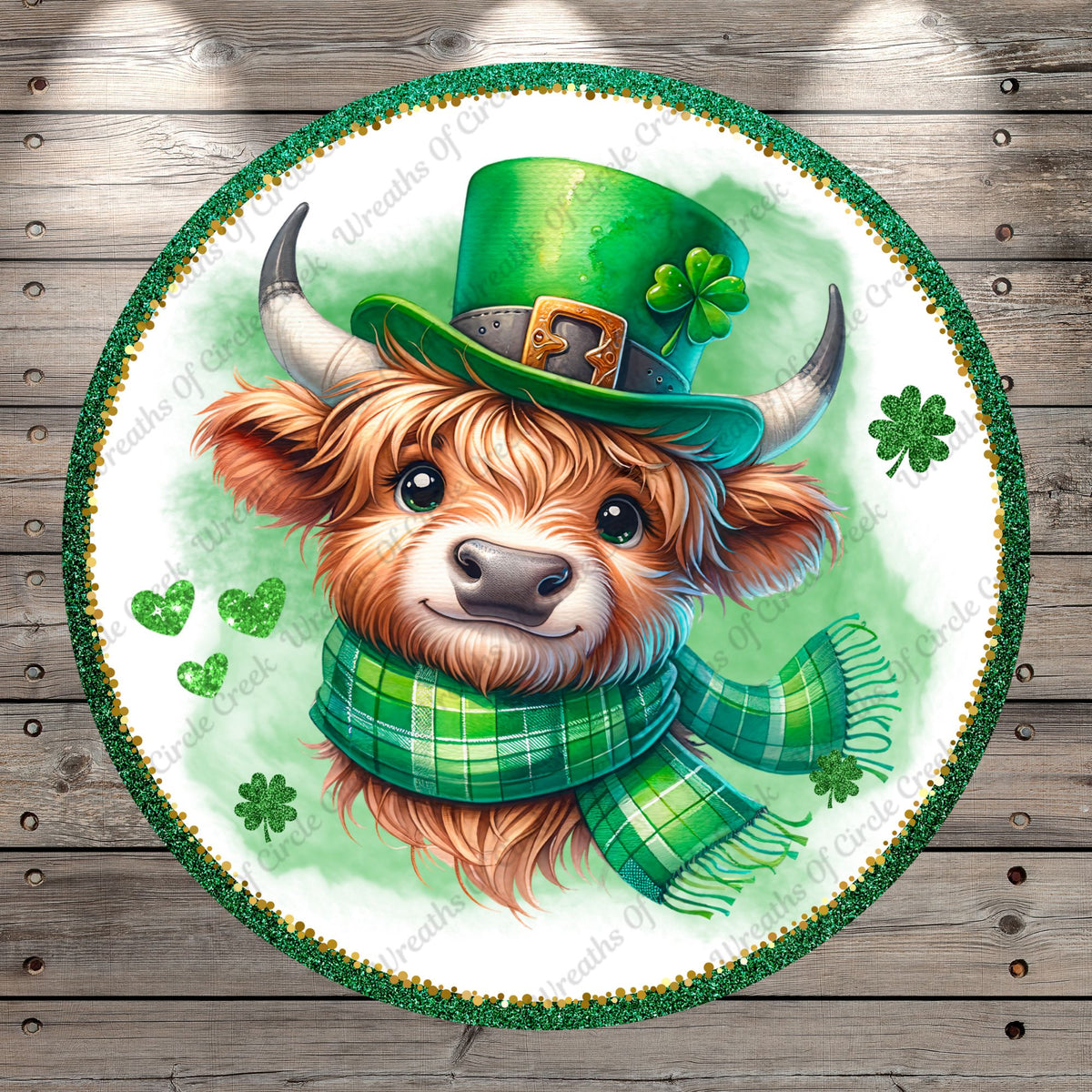Highland Cow, Kiss Me I'm Irish, St. Patrick's Day, Shamrocks, Round, Lightweight, Metal Wreath Sign, No Holes In Sign
