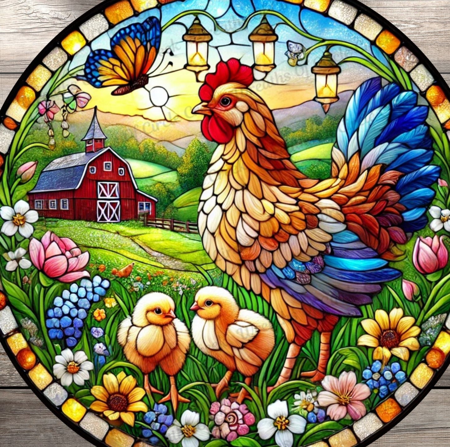 Farm Chicken & Chicks | Lightweight Round Metal Wreath Sign | Spring Red Barn | Faux Stained Glass | No Holes In Sign