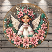 Dark Hair Angel, Poinsettias, Winter, Christmas, Faux 3D, Round, Light Weight, Metal, Wreath Sign, No Holes In Sign