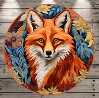Fox, Faux Quilted Print, Fall, Wreath Sign, No Holes, Round UV Coated, Metal