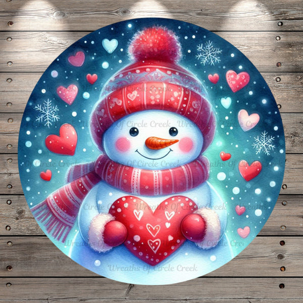Snowman With Heart, Whimsical, Winter, Valentines, Round, Light Weight, Metal Wreath Sign, No Holes
