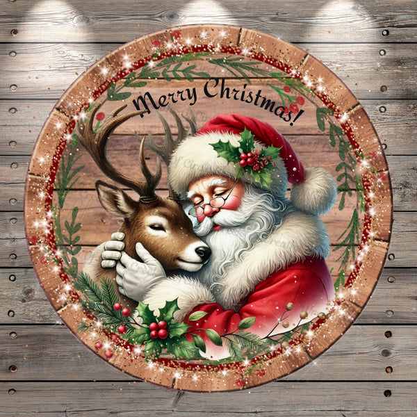 Santa With Reindeer, Merry Christmas, Shimmer, Round, Light Weight, Metal, Wreath Sign, No Holes In Sign