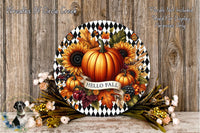 a decorative wreath with a black and white checkered pattern, surrounded by autumn-themed elements such as pumpkins, sunflowers, and leaves. The wreath is adorned with the text "Hello Fall" and is placed on a wooden surface.