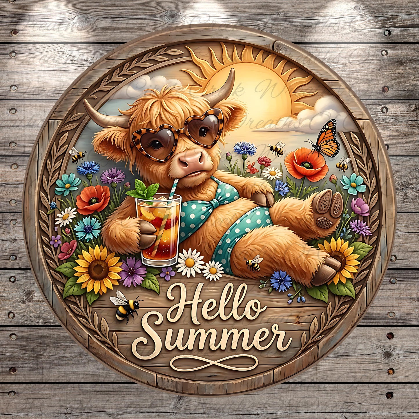 A cartoon cow wearing sunglasses and a polka dot bikini is sitting on a flower-filled meadow, holding a drink and surrounded by a sun and clouds.