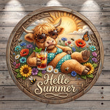 A cartoon cow wearing sunglasses and a polka dot bikini is sitting on a flower-filled meadow, holding a drink and surrounded by a sun and clouds.