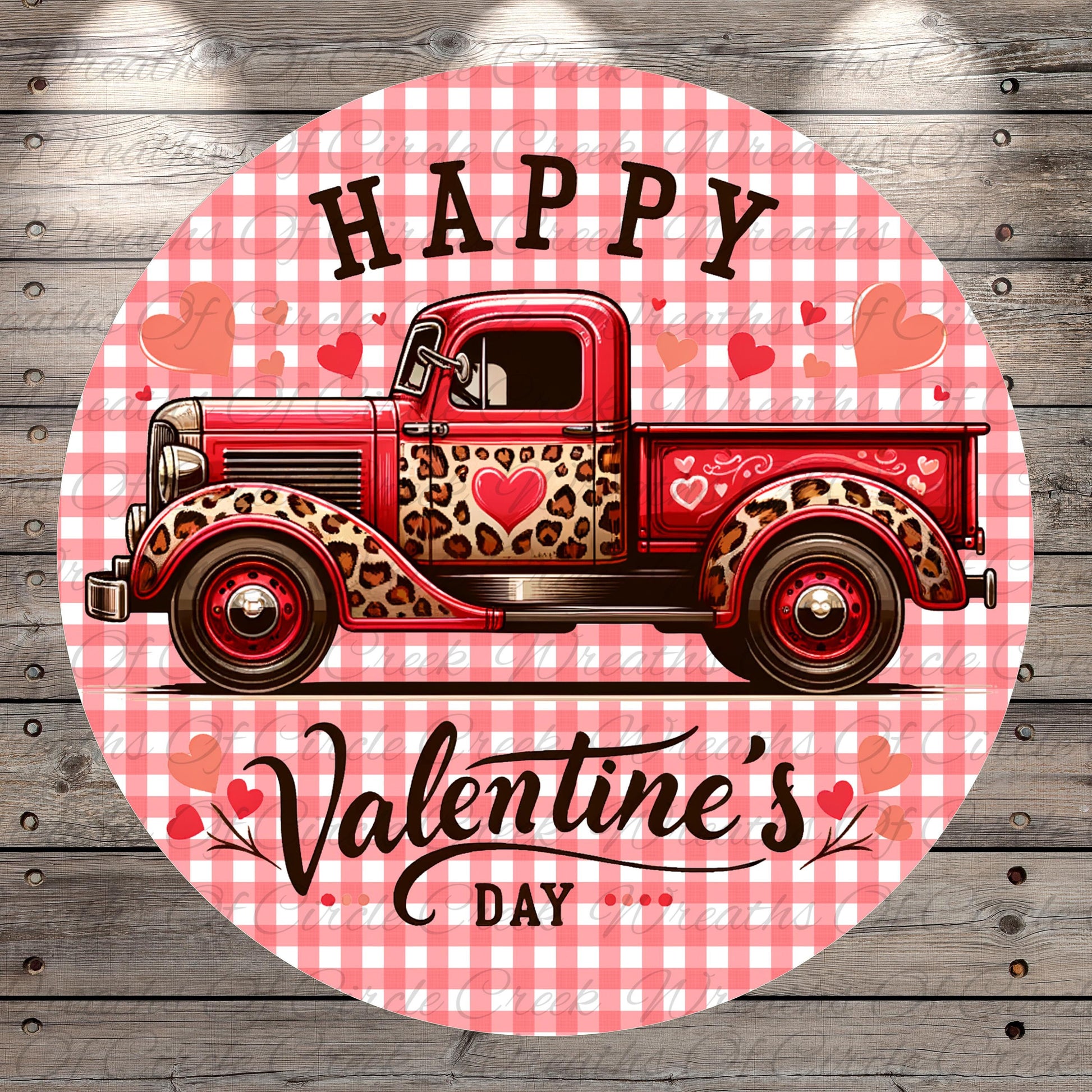 A vintage red truck with leopard print accents and hearts on the sides, along with the text "Happy Valentine's Day" on a red and white checkered background.