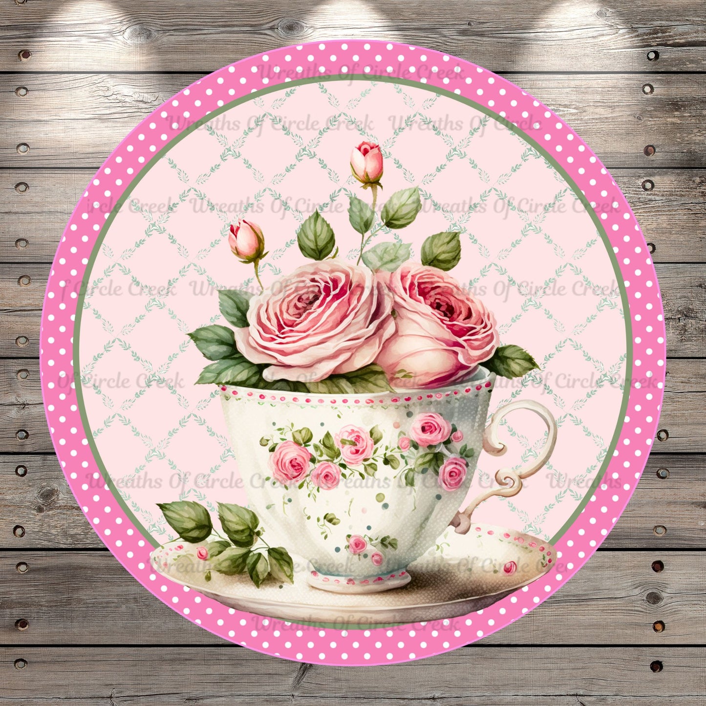 Happy Mother's Day, Pink Roses, Victorian Tea Cup, Round Light Weight, Metal Wreath Sign, No Holes In Sign
