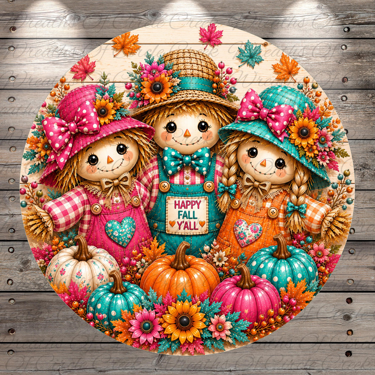 A round, decorative image featuring three colorful scarecrow dolls surrounded by pumpkins, flowers, and autumn leaves. The dolls are wearing hats and bow ties, and the overall scene has a cheerful and festive atmosphere.