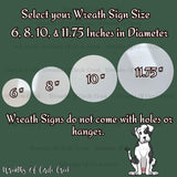 a picture of a dog with a sign that says, select your weather sign size