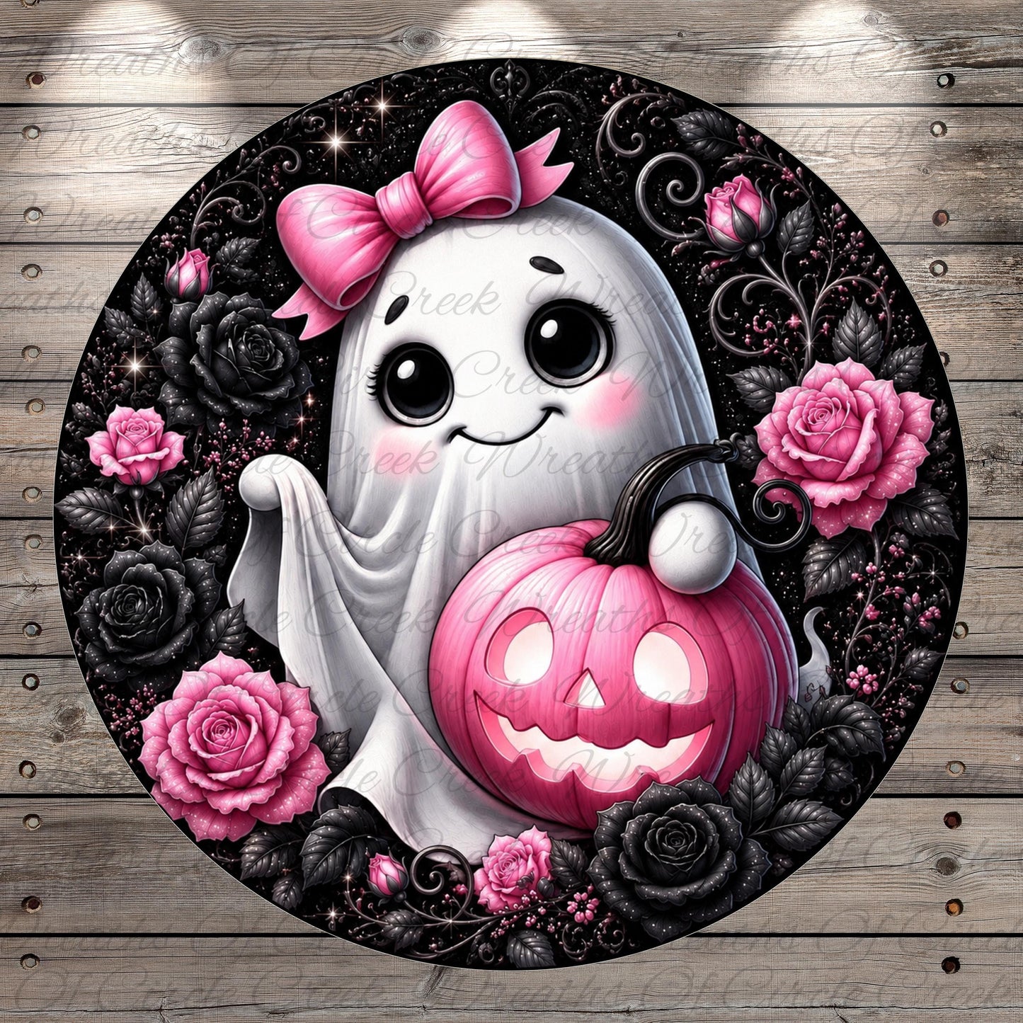 A whimsical Halloween-themed illustration featuring a ghost with a bow, holding a carved pumpkin, surrounded by pink roses and black roses against a dark background.