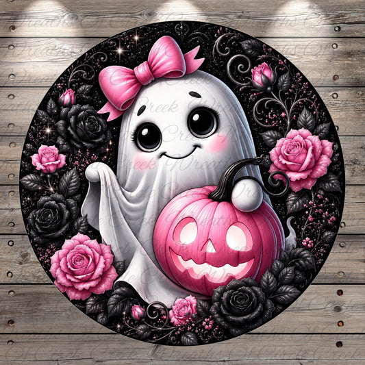 A whimsical Halloween-themed illustration featuring a ghost with a bow, holding a carved pumpkin, surrounded by pink roses and black roses against a dark background.