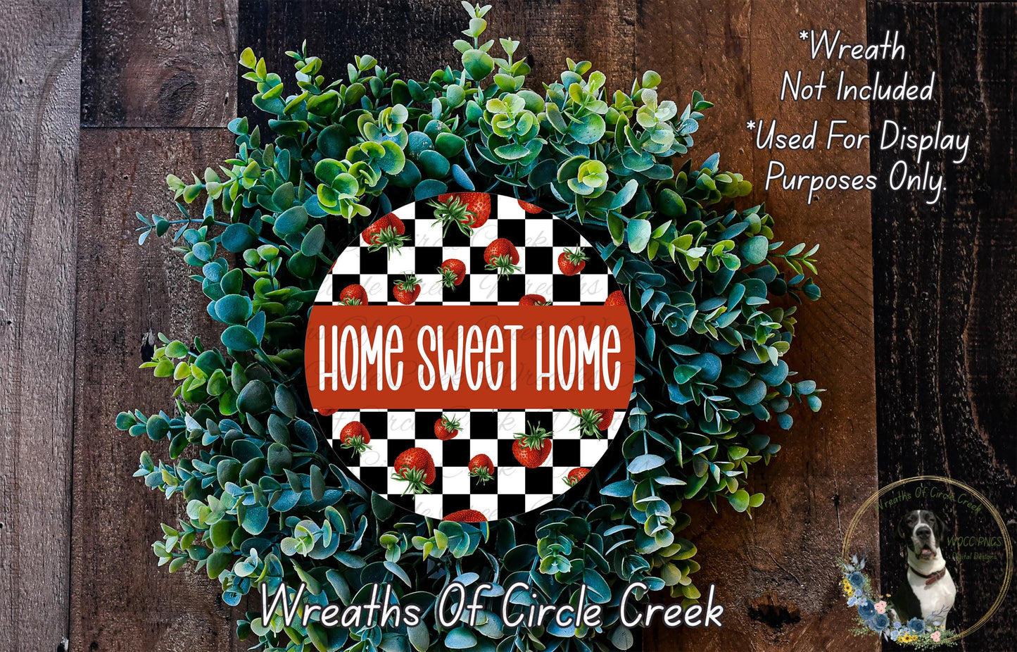 a wreath made of green leaves and red tomatoes, with the text "Home Sweet Home" displayed prominently in the center.