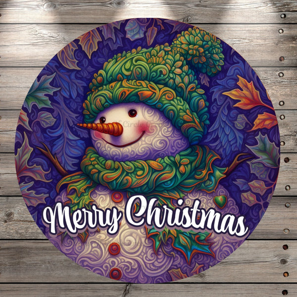 Winter Snowman, Merry Christmas, Foliage Detail, Round, Light Weight, Metal Wreath Sign, No Holes