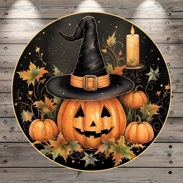 Jack O Lantern, Witch Hat, Halloween, Round, Light Weight, Metal Wreath Sign, No Holes In Sign