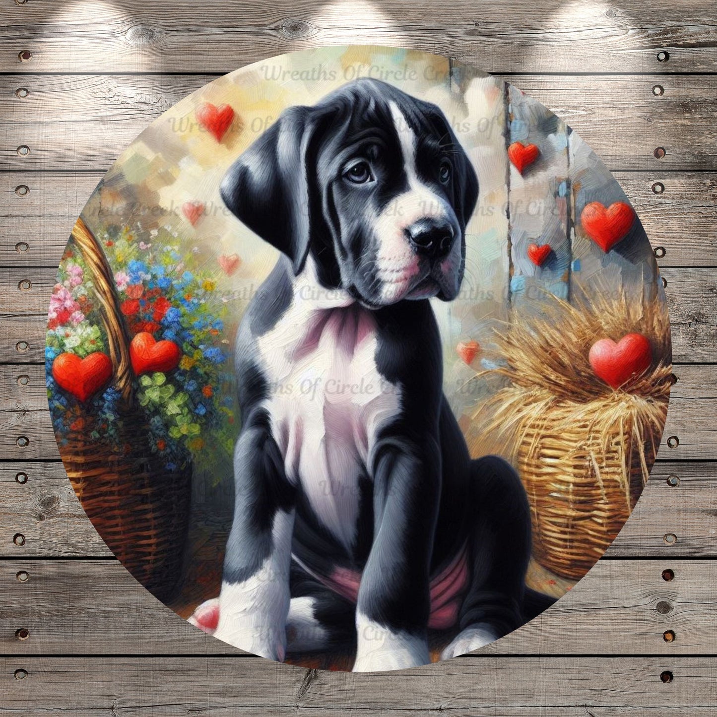 Mantle Great Dane Puppy, Black and White Puppy, Hearts, Valentines, Florals, Country, Whimsical, Round, Light Weight, Metal Wreath Sign, No Holes  UV Coated