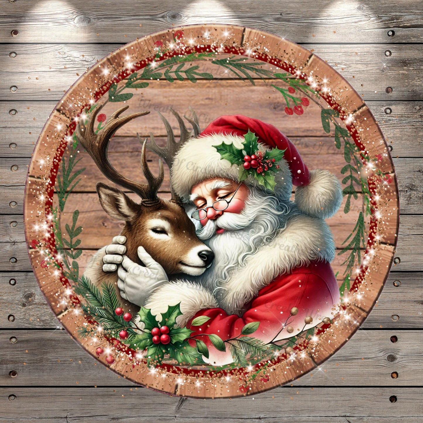Santa With Reindeer, Merry Christmas, Shimmer, Round, Light Weight, Metal, Wreath Sign, No Holes In Sign