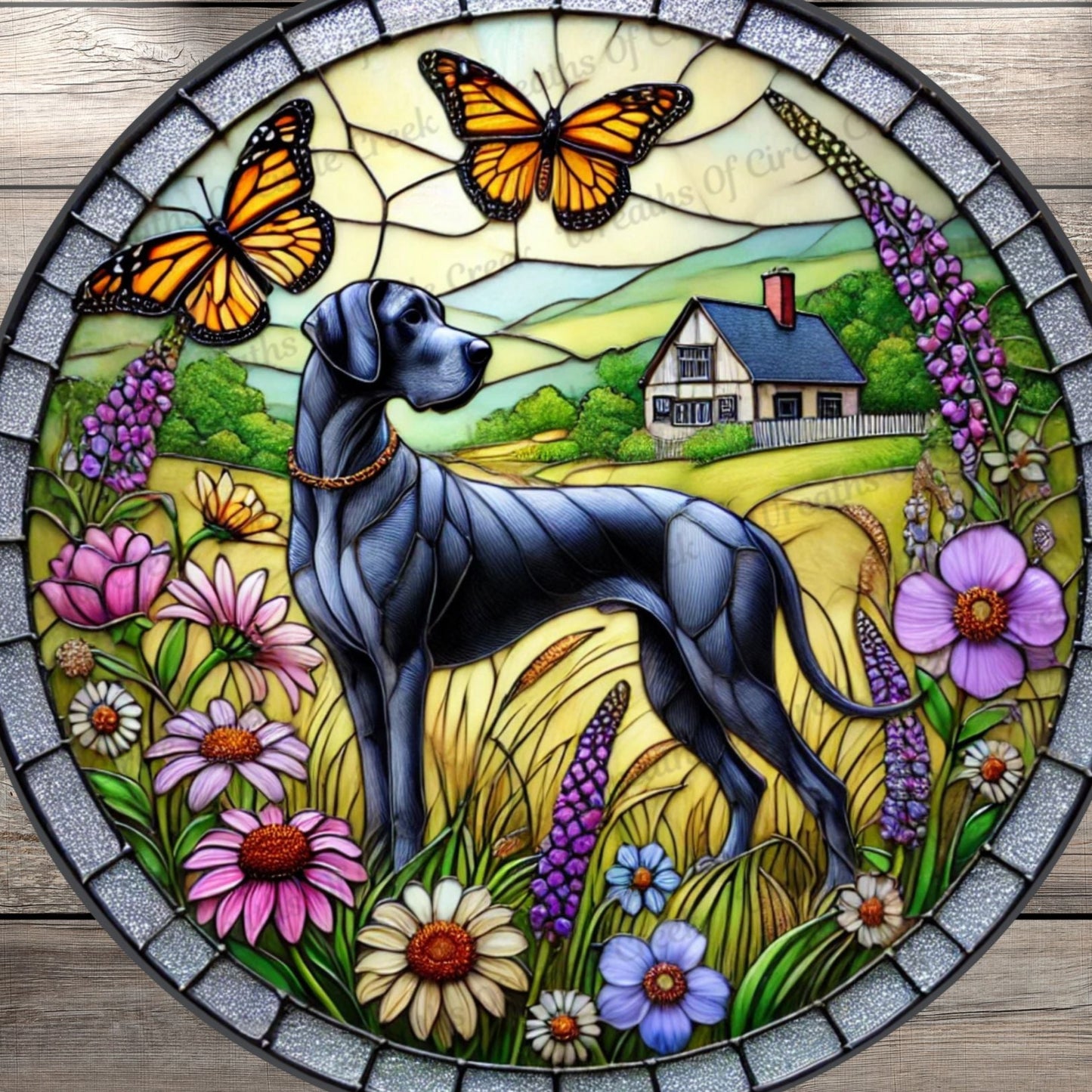 Blue Great Dane | Lightweight Round Metal Wreath Sign | Butterflies & Flowers | Faux Stained Glass Look | No Holes In Sign