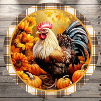 Fall Rooster, Welcome, Pumpkins And Sunflower, Plaid, Round UV Coated, Metal Sign, No Holes