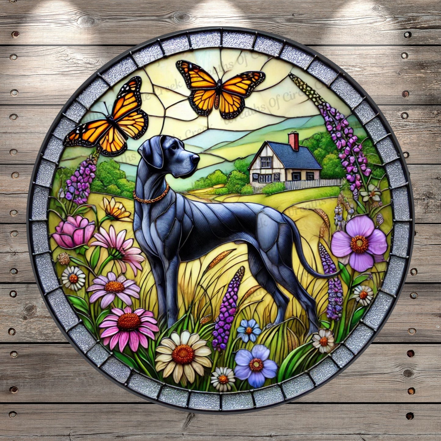 Blue Great Dane | Lightweight Round Metal Wreath Sign | Butterflies & Flowers | Faux Stained Glass Look | No Holes In Sign